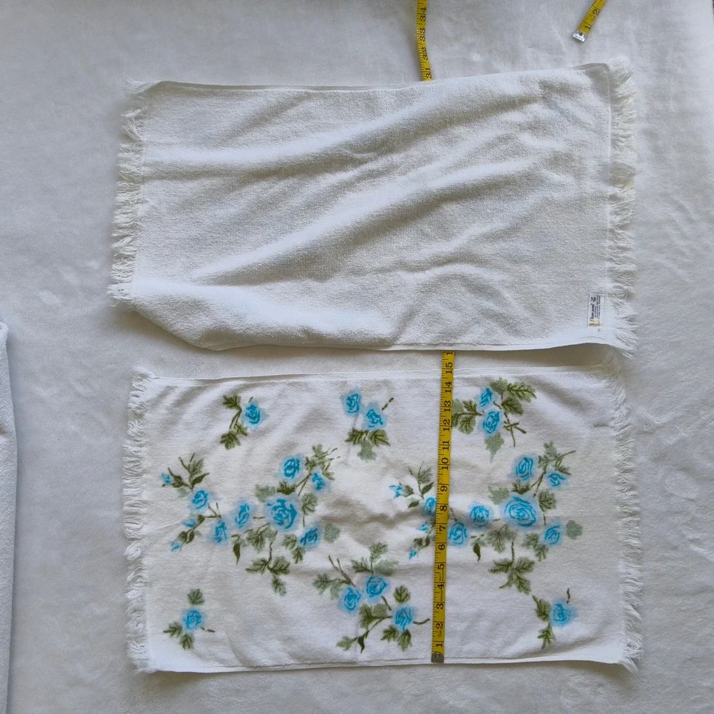 7 Vtg Martex Terri-Down Towel Set West Point Pepperell Blue Floral Fringe MCM